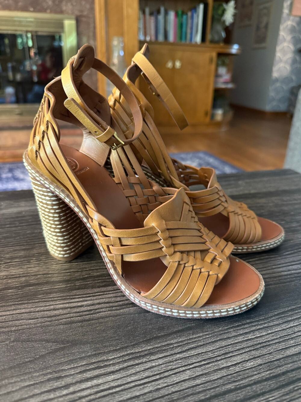 Tory Burch Pecha Woven Leather Block Heel Huarache Sandals Sz. 7M